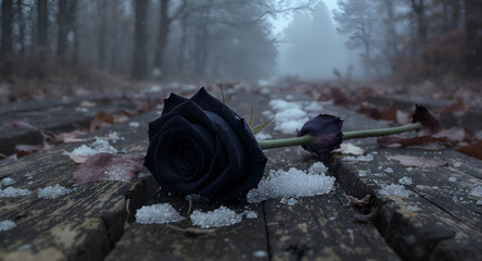 A Single Black Rose Lies on Weathered Wooden Planks Amidst Fallen Leaves and Scattered Snow
