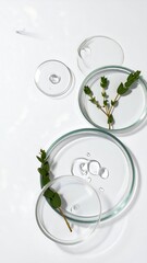 Clear glass petri dishes with greenery and liquid droplets on white background