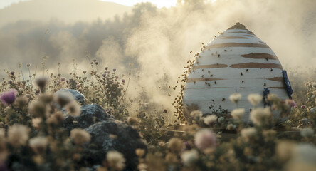 Swarm of Honeybees Visiting a Striking White and Brown Striped Apiary in a Misty Meadow with Wildflowers and Rocks
