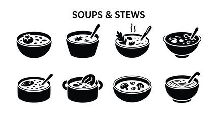 A Collection of Stylized Black and White Illustrations Representing Various Delicious Soups and Hearty Stews Perfect for a Culinary Icon Set