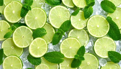 Fresh lime slices and mint leaves on ice