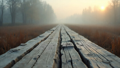 Wooden Boardwalk Through a Misty Forest at Sunrise
