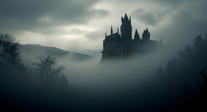 Gothic castle in the distance shrouded in thick fog, heavy gray sky, gloomy medieval atmosphere