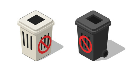 Isometric recycling bins with red prohibition sign on white background