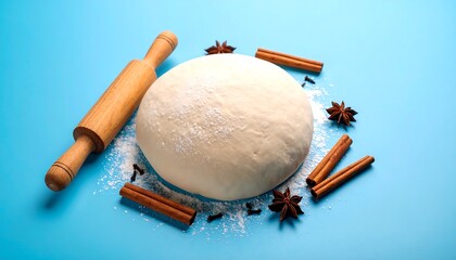 Dough ball with rolling pin and spices on a blue background