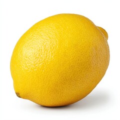 A vibrant yellow lemon sits on a white background, showcasing its textured skin and inviting freshness, Ideal for culinary, beverage, or health-related projects