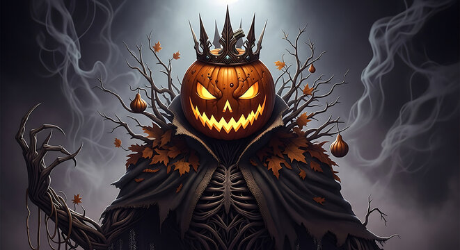 Halloween a sinister pumpkin king, a ruler of the night, a harbinger of doom, a symbol of halloween, a creature of darkness and magic, a master of the macabre