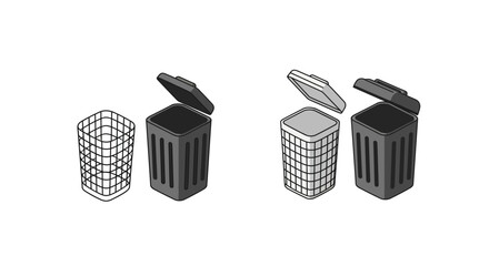 3d waste bin models with open lids on white background