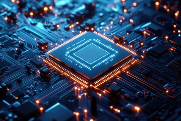 Obraz premium A close-up of a glowing central processing unit (CPU) on a circuit board, showcasing intricate technological details.