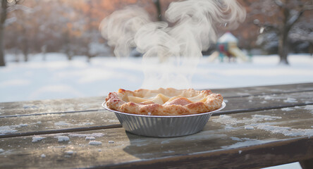 Steaming Hot Apple Pie on a Snowy Picnic Table in a Winter Park Setting with Blurred Trees and Playground Background