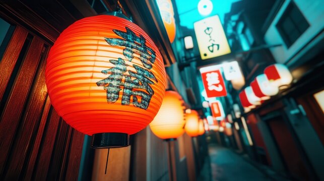A vibrant alley illuminated by traditional red lanterns offers a glimpse into a cultural scene, Ideal for travel blogs, restaurant menus, or promotional materials related to Asian cuisine,