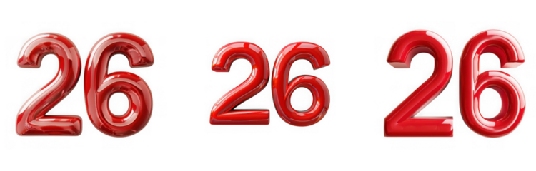 Three shiny red balloon numbers 26 arranged in a row, isolated on transparent background