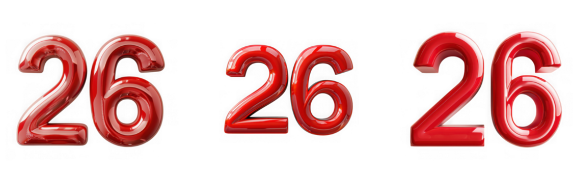 Three shiny red balloon numbers 26 arranged in a row, isolated on transparent background - Powered by Adobe