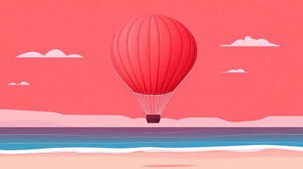 Obraz premium A vibrant red hot air balloon floats over a serene ocean beach, with a pastel sky and fluffy clouds in the background, Ideal for travel, adventure, and leisure-themed projects,