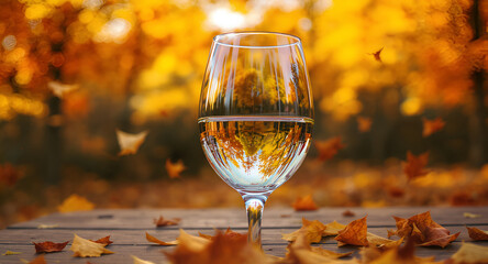 Elegant Wine Glass Reflecting Autumn Trees and Falling Leaves on a Wooden Table