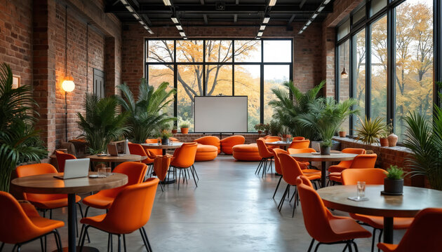 Modern open-plan office with collaborative workspaces. Orange chairs surround round tables, with laptops, glasses. Large windows offer autumnal views. Whiteboard stands ready for brainstorming