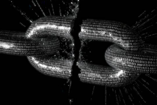 Broken chain link with binary code