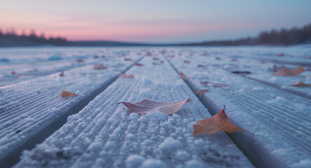 Wooden Pier Covered in Frost and Fallen Leaves Under a Soft Pink and Blue Dawn Sky