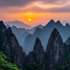 Stunning landscape showcasing majestic mountains at sunset, ideal for travel, nature, and adventure themes in marketing materials, brochures, or wallpapers