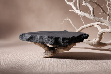 A podium made of natural, unprocessed black stone on a noble beige background, standing on sand, with a curved tree branch in the background, a template for a stylish presentation of your product 