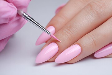 A nail technician focuses on a clients long almond-shaped nails, applying a smooth coat of bright pink gel polish. The setting is a beauty salon, showcasing careful application techniques