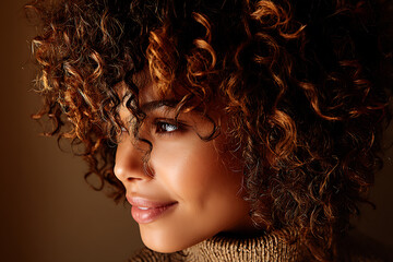 Closeup portrait of young woman with curly dark brown hair, highlighted golden strands, side view face with glowing skin and soft smile, cozy sweater, studio beauty photography