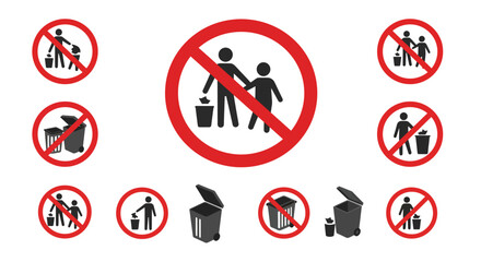 Prohibited waste disposal signs featuring people symbols and trash bins