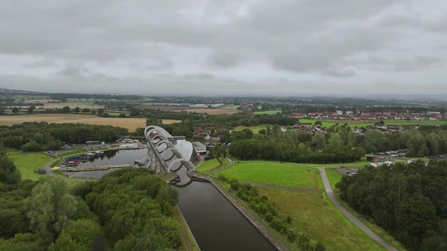 Falkirk Wheel from a drone, Forth and Clyde Canal, Falkirk, Scotland, UK