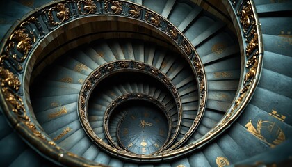 Ornate spiral staircase descends endlessly with clock faces on steps. Gold ornate railing. Represents cyclical, continuous journey of time, eternity, history, passage of moments. Architecture,