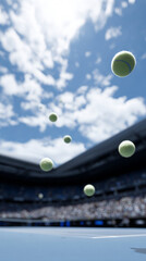 Multiple bright green tennis balls frozen midair above a blue court under a sunny sky

