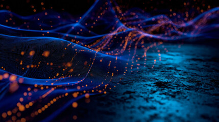 Futuristic digital network with glowing blue and orange fiber optic light strands in a dark tech background
