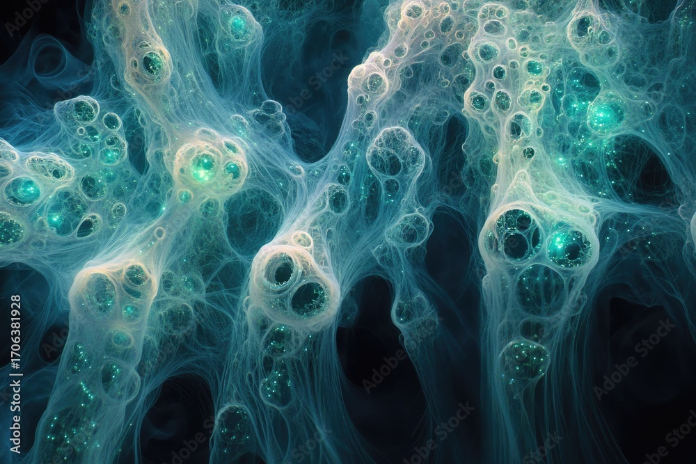 Wall mural abstract fractal art depicting a teal and white web-like structure with glowing orbs, resembling a c