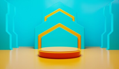 3d illustration rendering of y2k 2000s gaming technology futuristic fantasy metaverse cyberpunk sci-fi display podium pedestal stage room abstract background in neon-glow