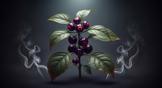 Halloween artistic rendering of a deadly nightshade plant with glossy leaves and dark berries, set against a moody background, symbolizing danger