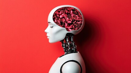 A futuristic robotic head with a transparent brain showcasing intricate circuits against a vibrant red background, ideal for technology, artificial intelligence