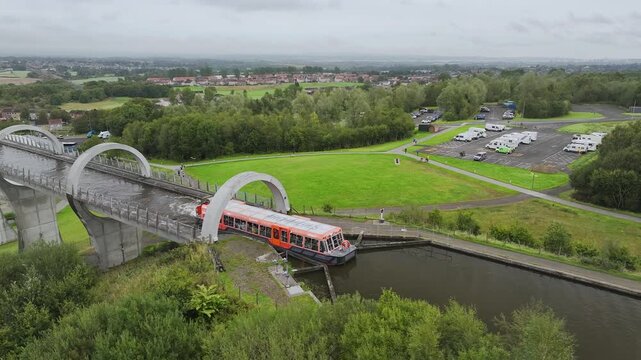 Falkirk Wheel from a drone, Forth and Clyde Canal, Falkirk, Scotland, UK