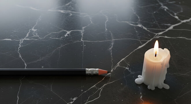 Dark gray marbled surface with right corner with extinguished candle, left corner with black pencil