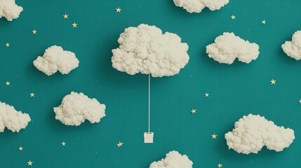 A whimsical scene featuring fluffy clouds and stars against a teal background, Ideal for creative projects, children's materials, or any design needing a dreamy, imaginative touch,
