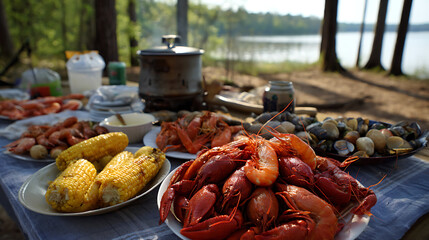 Enjoying a seafood boil while camping near a lake (2)