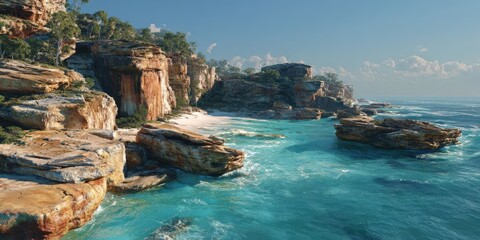 Naklejka premium Pastel Cliffs and Turquoise Ocean Coastal Landscape