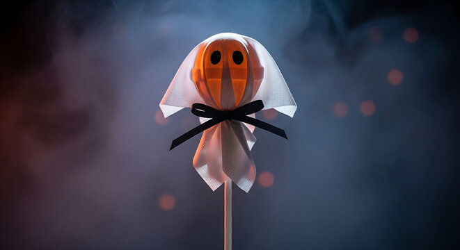 Halloween a whimsical lollipop ghost, adorned with a pumpkin face and delicate veil, floats in a smoky haze, casting a playful halloween spell