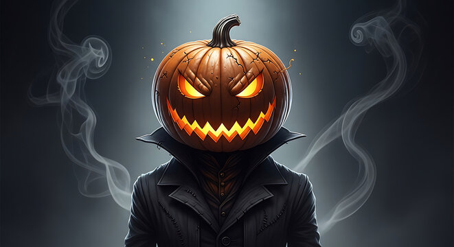 Halloween a menacing figure with a jackolantern head stands in the shadows, its eerie glow and dark attire creating a chilling halloween spectacle