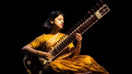 South Asian woman in golden sari playing sitar