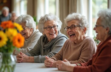 Elderly friends share laughter at community center, supportive bonds, joyful companionship. Women smile, talk, connect in warm, lively atmosphere, representing happiness, active senior life.
