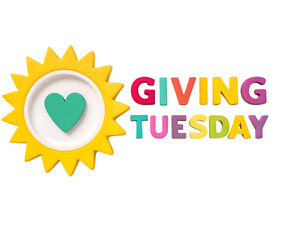 Fototapeta premium Vibrant playful graphic celebrating giving tuesday with a sunny heart icon and colorful text isolated on transparent background