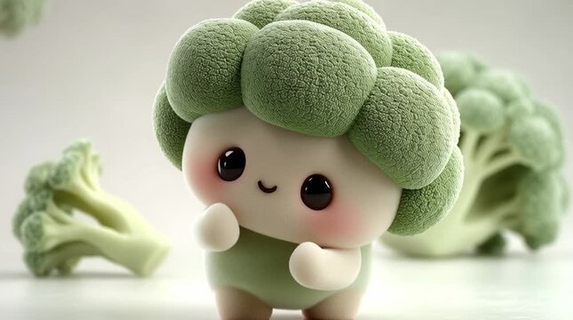 Chubby broccoli protagonist waving tiny arms, cute veggie hero animation promoting healthy eating for kids