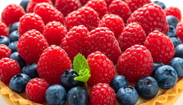 Close-up of a tart with raspberries and blueberries