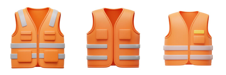 Set Blaze Orange Safety Vests with Reflective Stripes Isolated | Industrial Safety Gear Design | Concept of Workplace Safety, Product Mockups, Equipment Catalogs