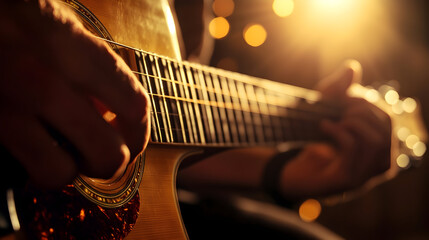 Obraz premium Close up of musician's hand playing guitar under warm lighting