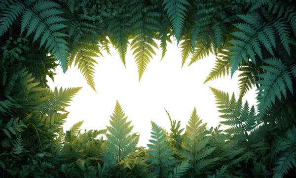 Lush green fern fronds forming a natural frame around a brilliant, glowing light source from a deep forest perspective